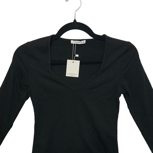 MANGOPOP Sweetheart Neckline Long Sleeve Bodysuit NWT Sz XS Black Lightweight - Picture 4 of 7
